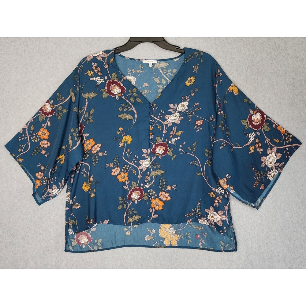 Maurices Floral Blouse Womens XXL Teal Blue Kimono Sleeve Boho High Low Top